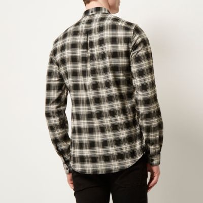 Black casual check stretch flannel slim shirt